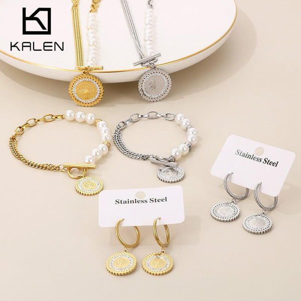 Stainless Steel Coin Tree Hoop Earrings Pendant Necklace Set - kalen