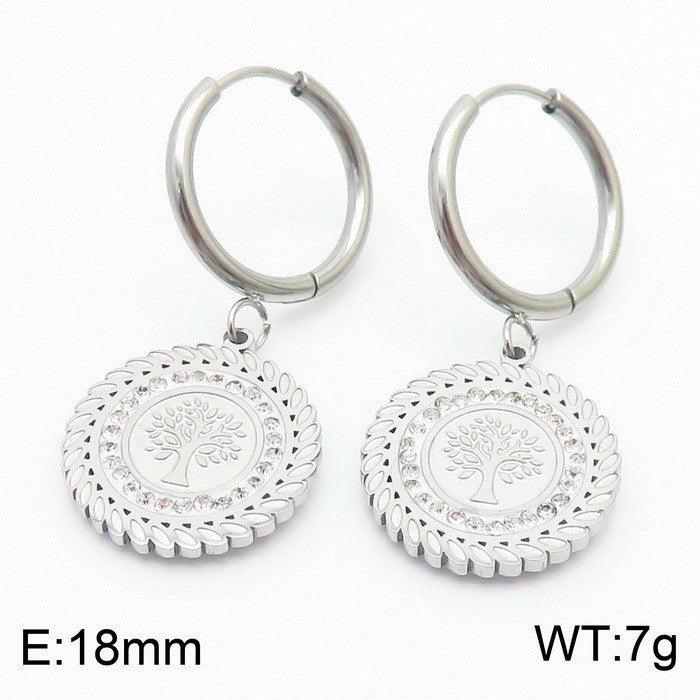 Stainless Steel Coin Tree Hoop Earrings Pendant Necklace Set - kalen