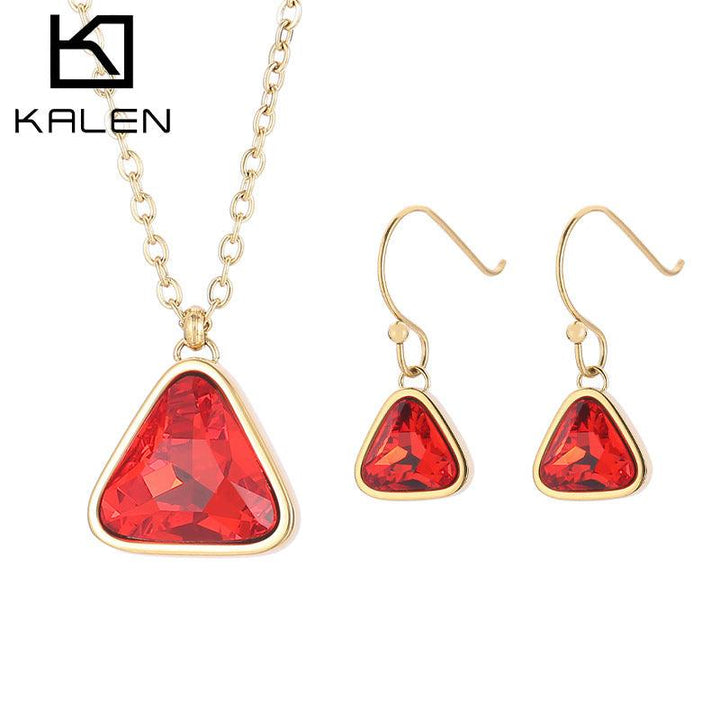 Stainless Steel Colorful Crystal Glass Geometric Triangle Drop Earrings Pendant Necklace - kalen