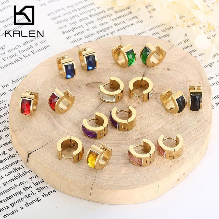 Stainless Steel Colorful Glass C-Shape Hinged Hoop Earrings - kalen