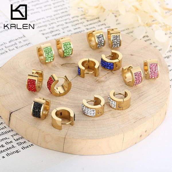 Stainless Steel Colorful Glass C-Shape Hinged Hoop Earrings - kalen