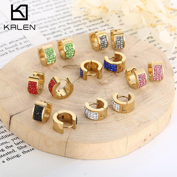 Stainless Steel Colorful Glass C-Shape Hinged Hoop Earrings - kalen