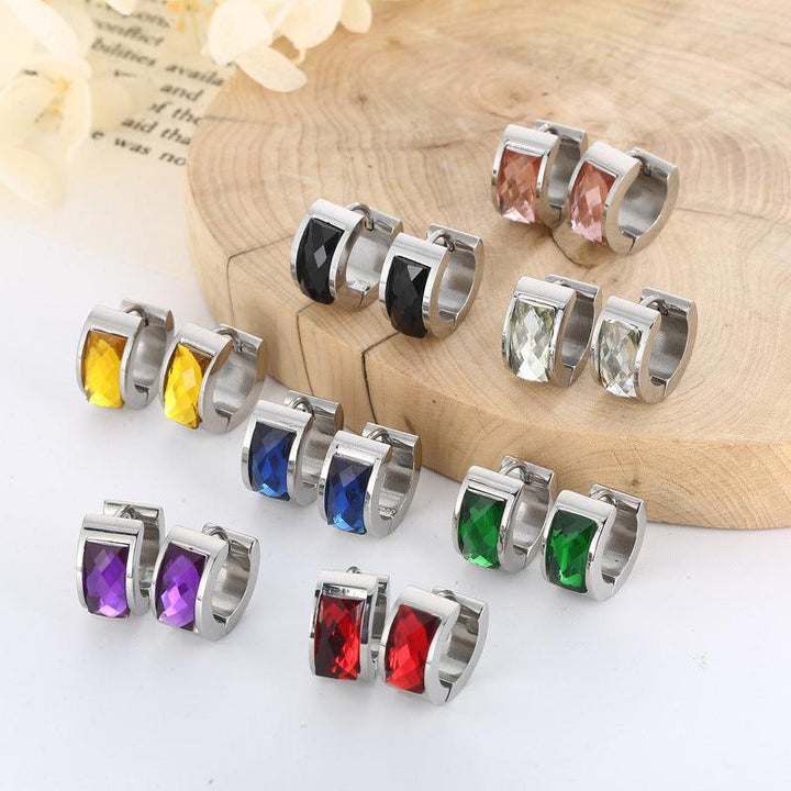 Stainless Steel Colorful Glass C-Shape Hinged Hoop Earrings - kalen