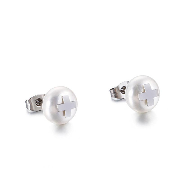 Stainless Steel Cross Pearl Ball Stub Earrings - kalen