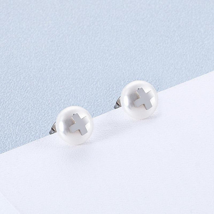 Stainless Steel Cross Pearl Ball Stub Earrings - kalen