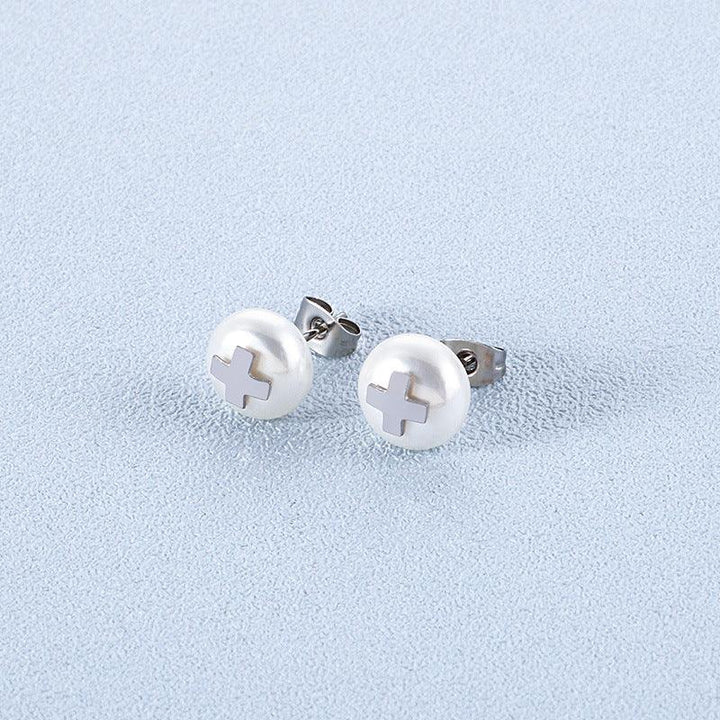 Stainless Steel Cross Pearl Ball Stub Earrings - kalen