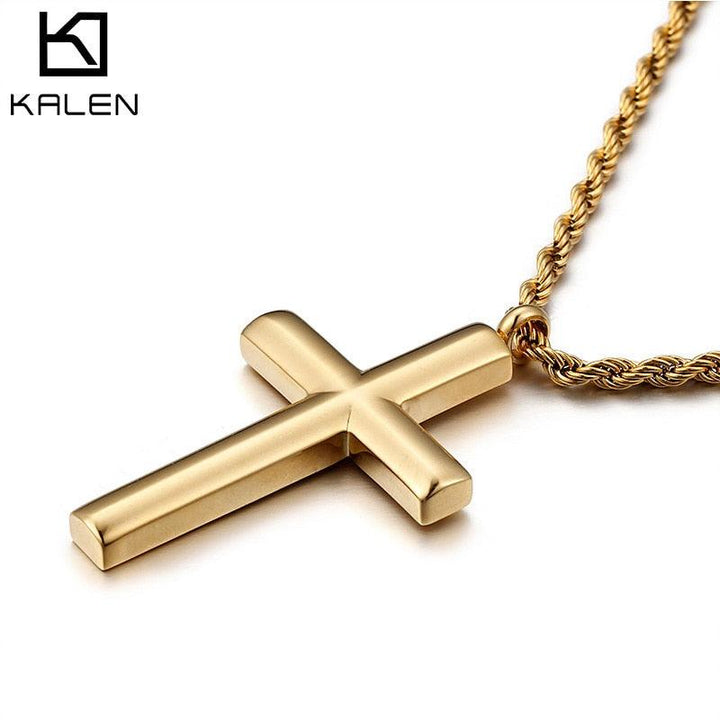 Kalen New Trendy Cross Chain For Men High Polished 60cm Stainless Steel Gold Color Cross Jewelry Necklace Male Cheap Jewelry.