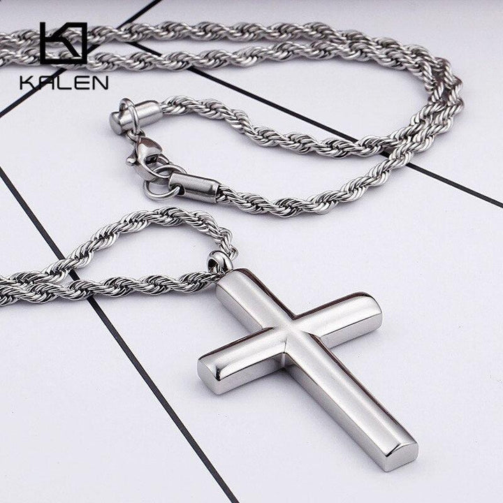 Kalen New Trendy Cross Chain For Men High Polished 60cm Stainless Steel Gold Color Cross Jewelry Necklace Male Cheap Jewelry.