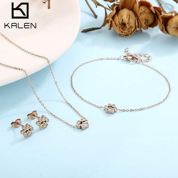 Stainless Steel Crystal Dog Palm Charm Gold Color Set For Women Personality Girl  Romantic Wedding Party Jewelry Girlfriend Gift.