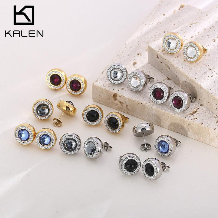 Stainless Steel Crystal Glass Clay Zircon Round Stub Earrings - kalen