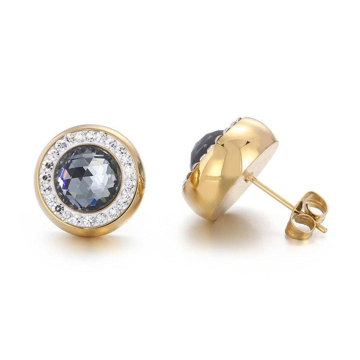 Stainless Steel Crystal Glass Clay Zircon Round Stub Earrings - kalen