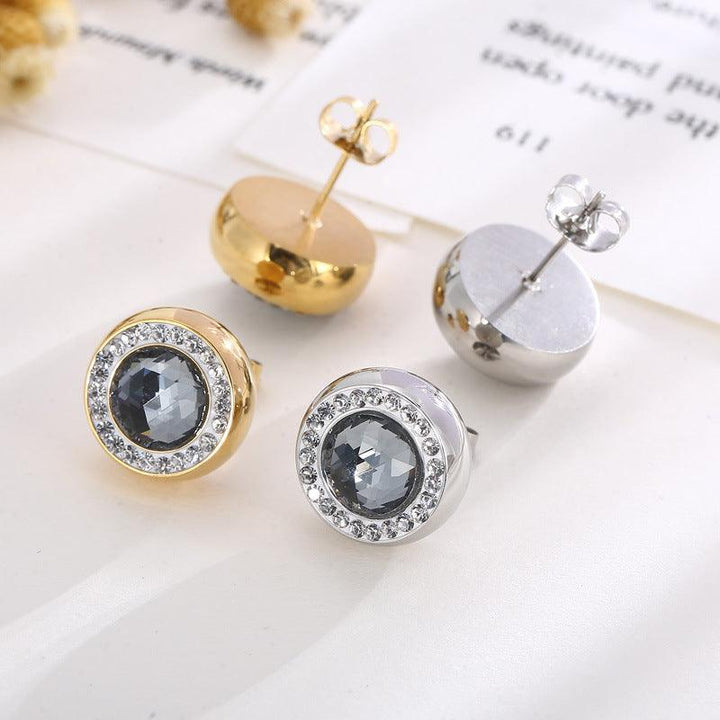 Stainless Steel Crystal Glass Clay Zircon Round Stub Earrings - kalen