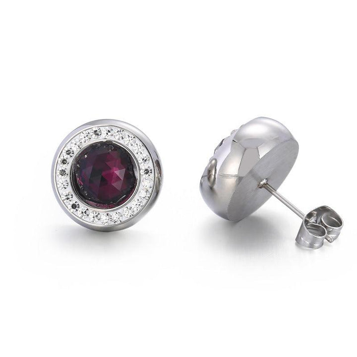 Stainless Steel Crystal Glass Clay Zircon Round Stub Earrings - kalen