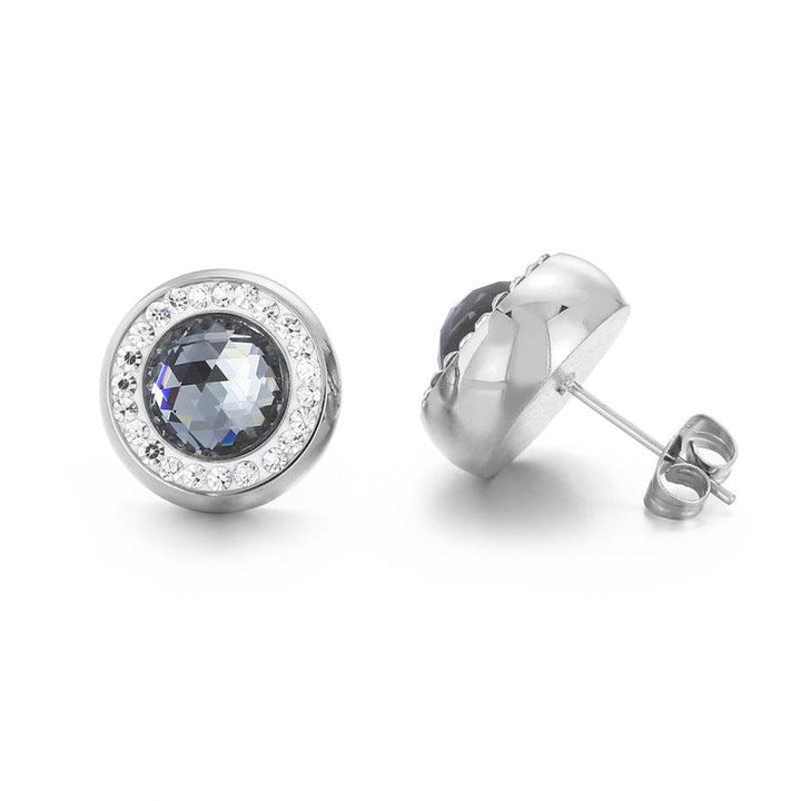 Stainless Steel Crystal Glass Clay Zircon Round Stub Earrings - kalen