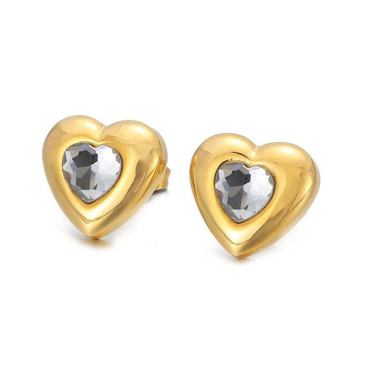 Stainless Steel Crystal Glass Heart Stub Earrings - kalen