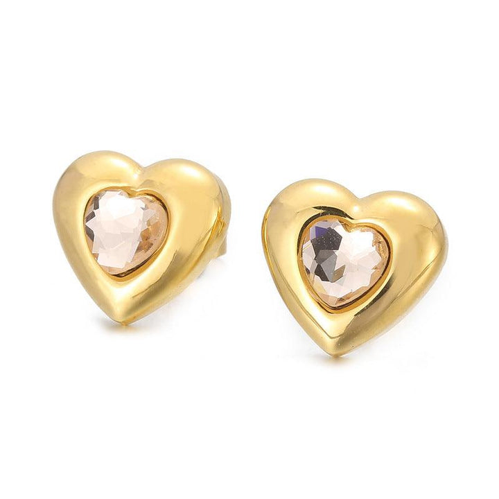 Stainless Steel Crystal Glass Heart Stub Earrings - kalen