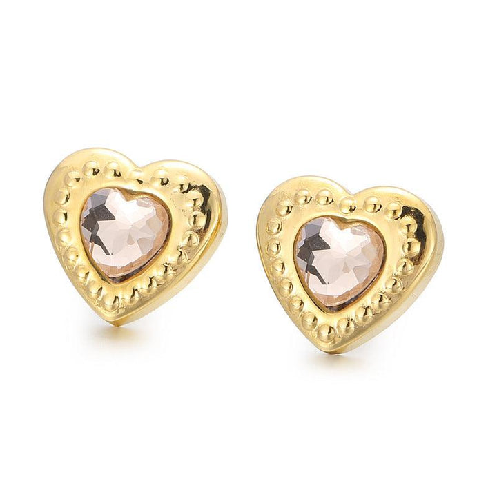 Stainless Steel Crystal Glass Heart Stub Earrings - kalen