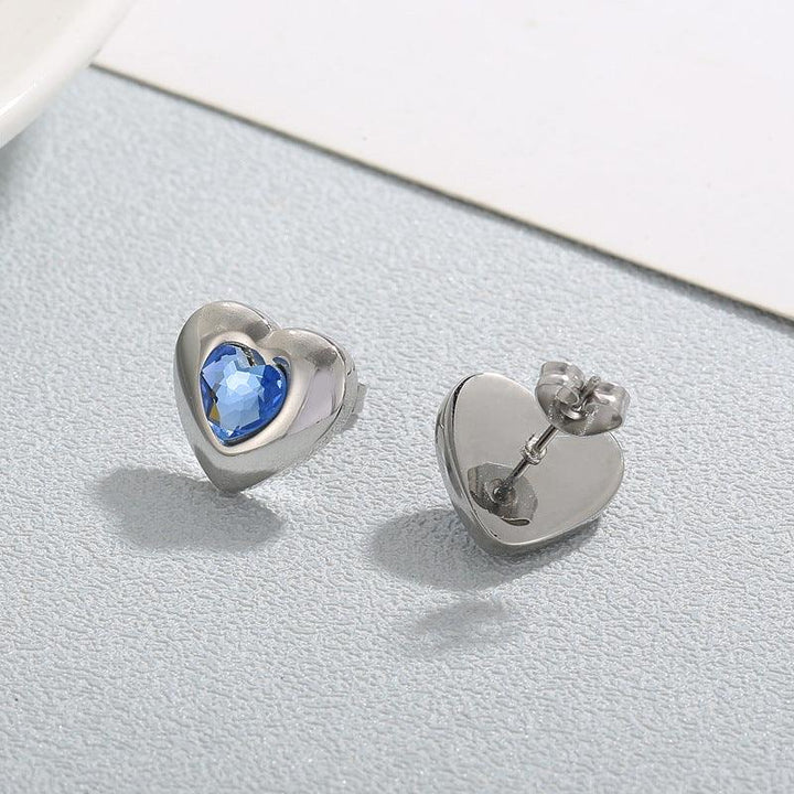 Stainless Steel Crystal Glass Heart Stub Earrings - kalen