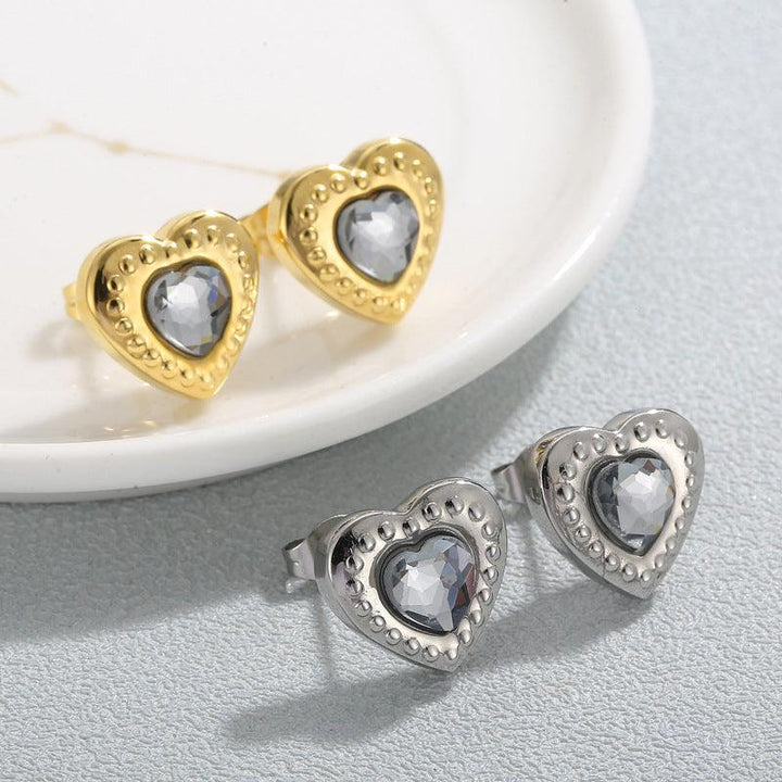 Stainless Steel Crystal Glass Heart Stub Earrings - kalen