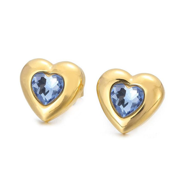 Stainless Steel Crystal Glass Heart Stub Earrings - kalen