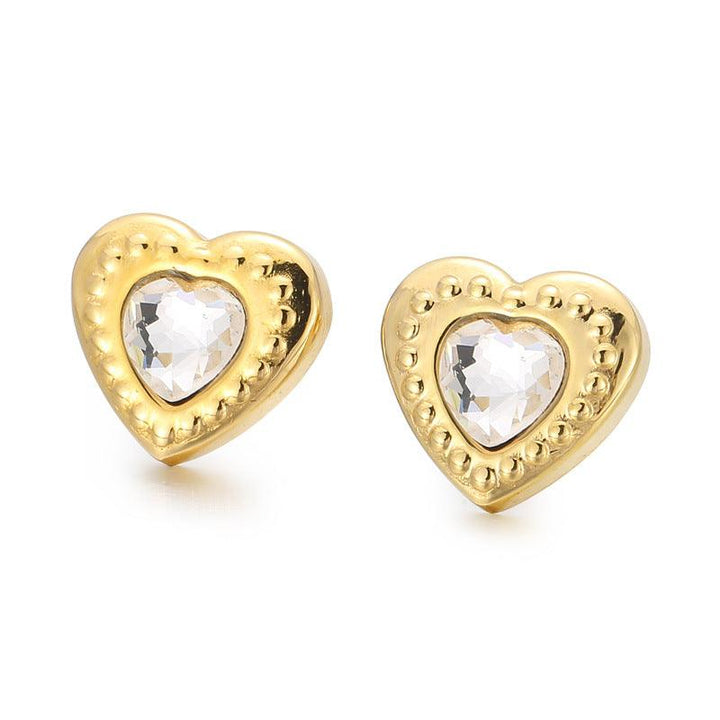 Stainless Steel Crystal Glass Heart Stub Earrings - kalen