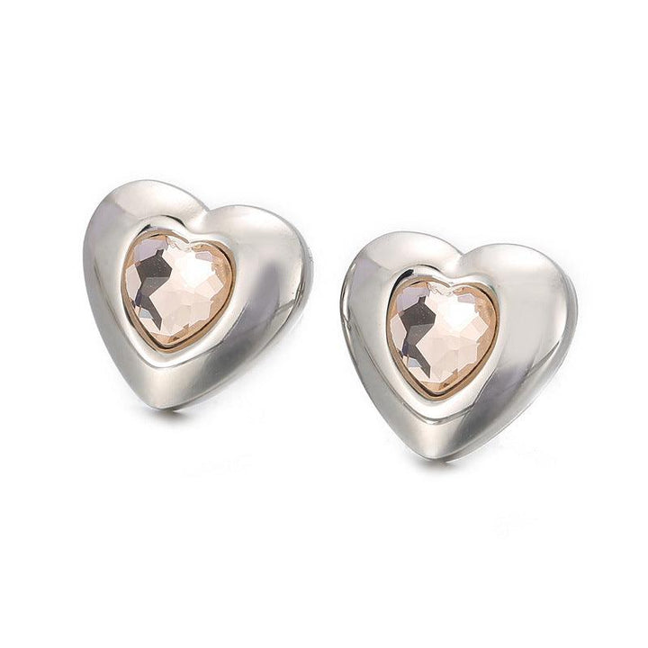 Stainless Steel Crystal Glass Heart Stub Earrings - kalen