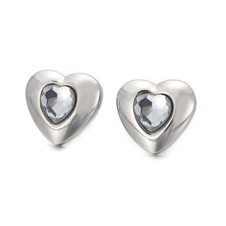 Stainless Steel Crystal Glass Heart Stub Earrings - kalen