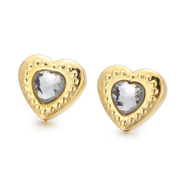 Stainless Steel Crystal Glass Heart Stub Earrings - kalen