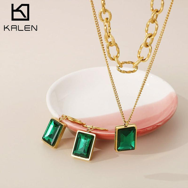 Stainless Steel Crystal Glass Hoop Earrings Double Layer Pendant Necklace Set - kalen