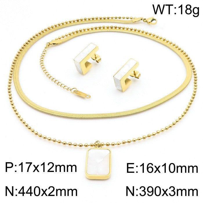 Stainless Steel Crystal Glass Hoop Earrings Double Layer Pendant Necklace Set - kalen