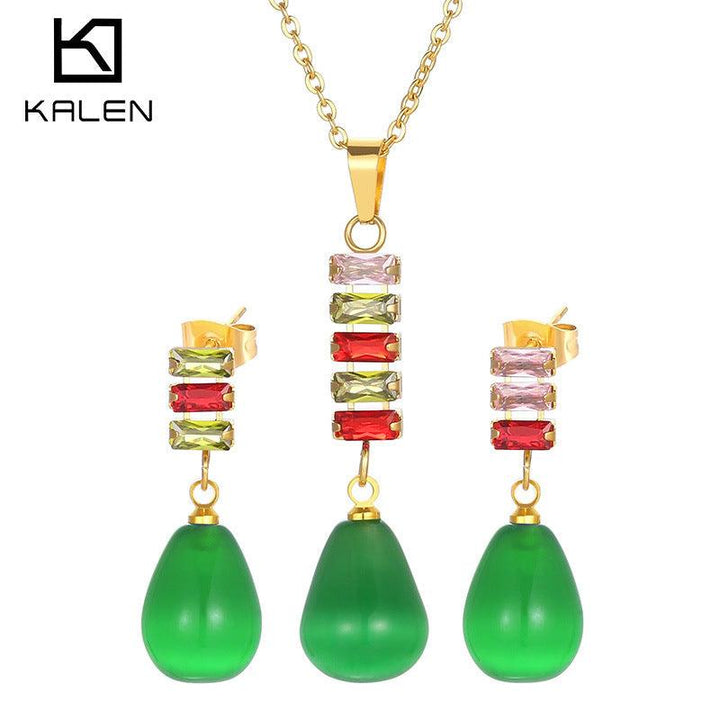 Stainless Steel Crystal Glass Opal Drop Earrings Pendant Necklace - kalen