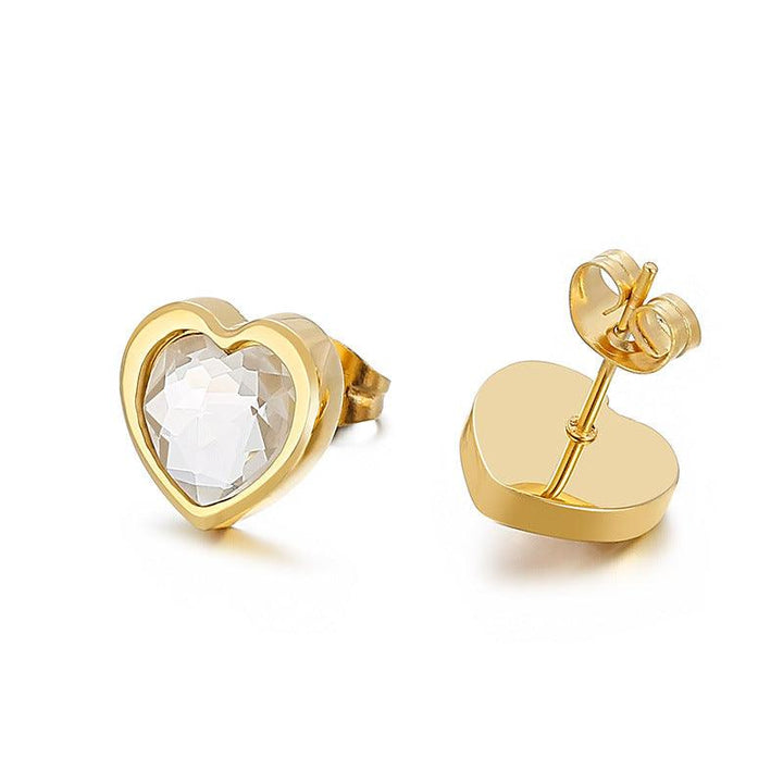 Stainless Steel Crystal Glass Pearl Zircon Heart Stub Earrings - kalen