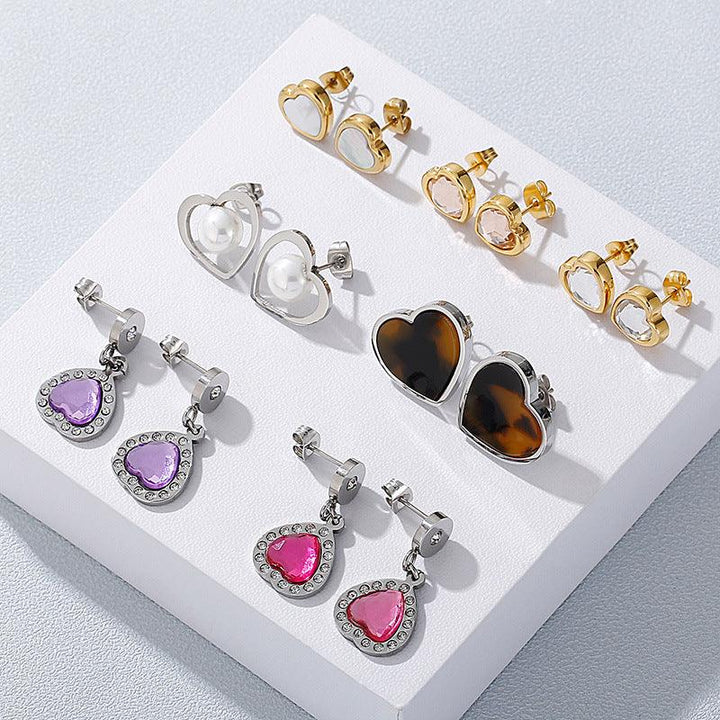 Stainless Steel Crystal Glass Pearl Zircon Heart Stub Earrings - kalen