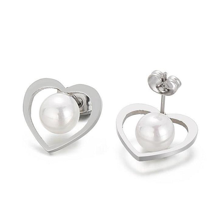 Stainless Steel Crystal Glass Pearl Zircon Heart Stub Earrings - kalen