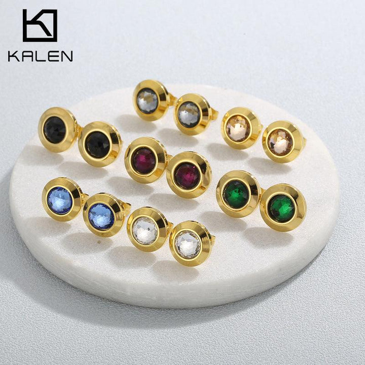 Stainless Steel Crystal Glass Round Stub Earrings - kalen