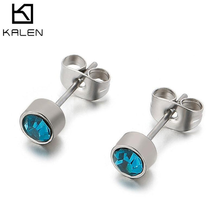 Stainless Steel Crystal Glass Round Stub Earrings - kalen