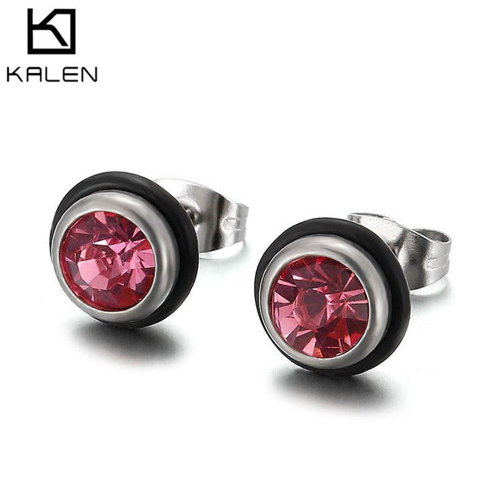 Stainless Steel Crystal Glass Round Stub Earrings - kalen