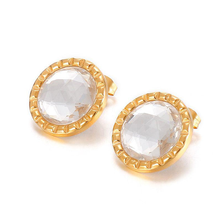 Stainless Steel Crystal Glass Shell Round Stub Earrings - kalen