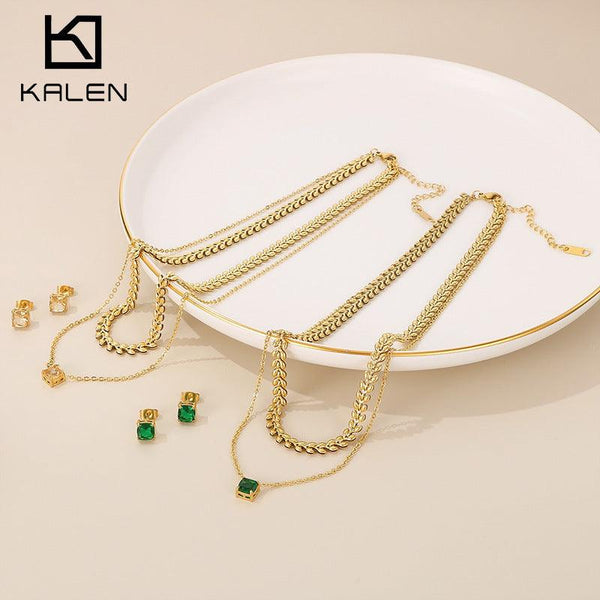 Stainless Steel Crystal Glass Stub Earrings Double Layer Pendant Necklace Set - kalen