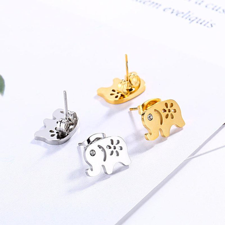 Stainless Steel Cute Elephant Zircon Stub Earrings - kalen