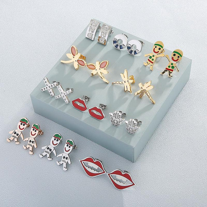 Stainless Steel Cute Enamel Boy Zircon Lip X Palm Stub Earrings - kalen