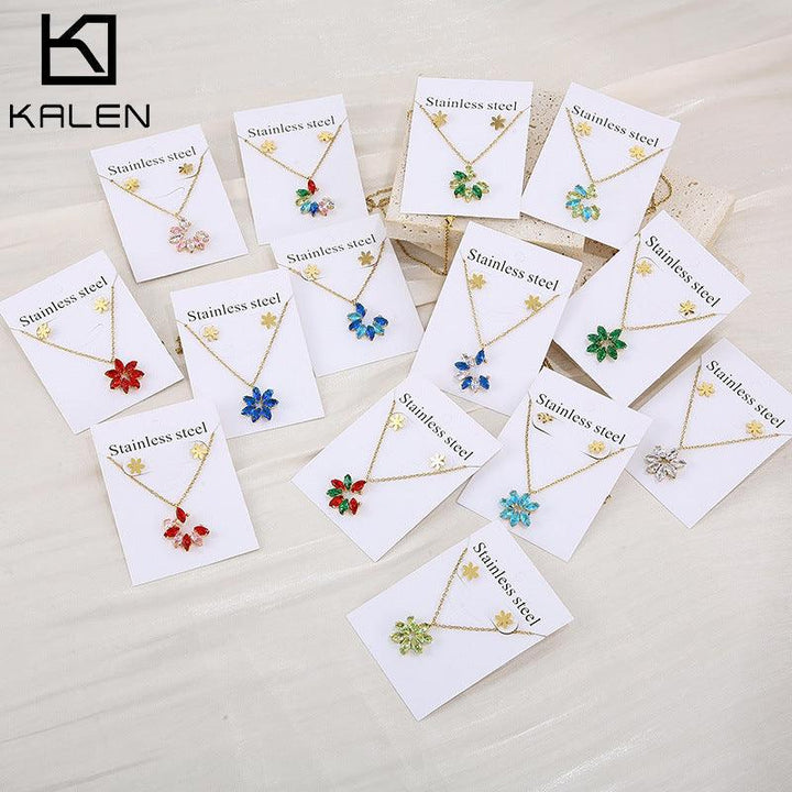 Stainless Steel Cute Flower Zircon Stub Earrings Pendant Necklace Set - kalen