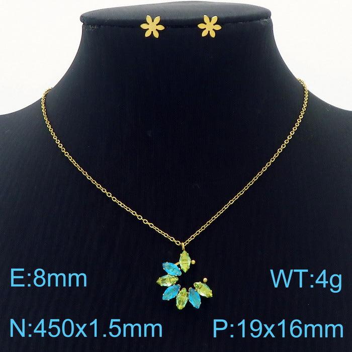 Stainless Steel Cute Flower Zircon Stub Earrings Pendant Necklace Set - kalen