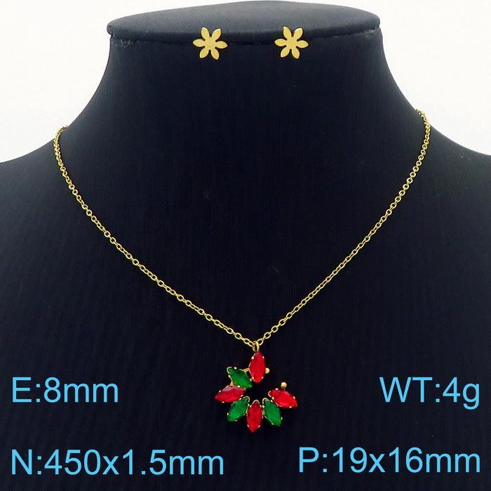 Stainless Steel Cute Flower Zircon Stub Earrings Pendant Necklace Set - kalen