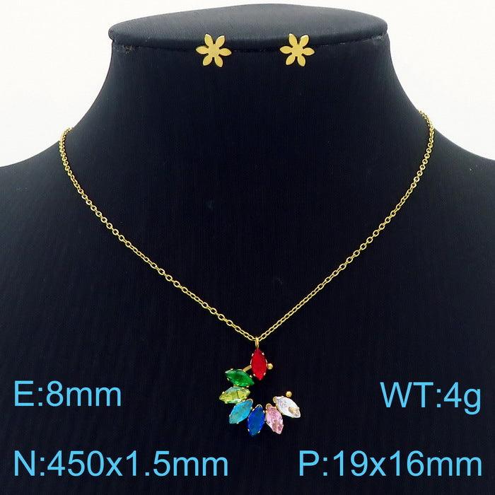 Stainless Steel Cute Flower Zircon Stub Earrings Pendant Necklace Set - kalen