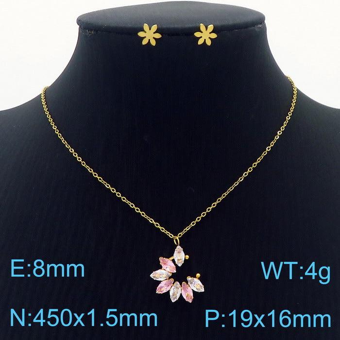 Stainless Steel Cute Flower Zircon Stub Earrings Pendant Necklace Set - kalen