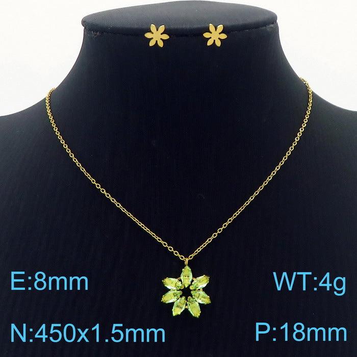 Stainless Steel Cute Flower Zircon Stub Earrings Pendant Necklace Set - kalen