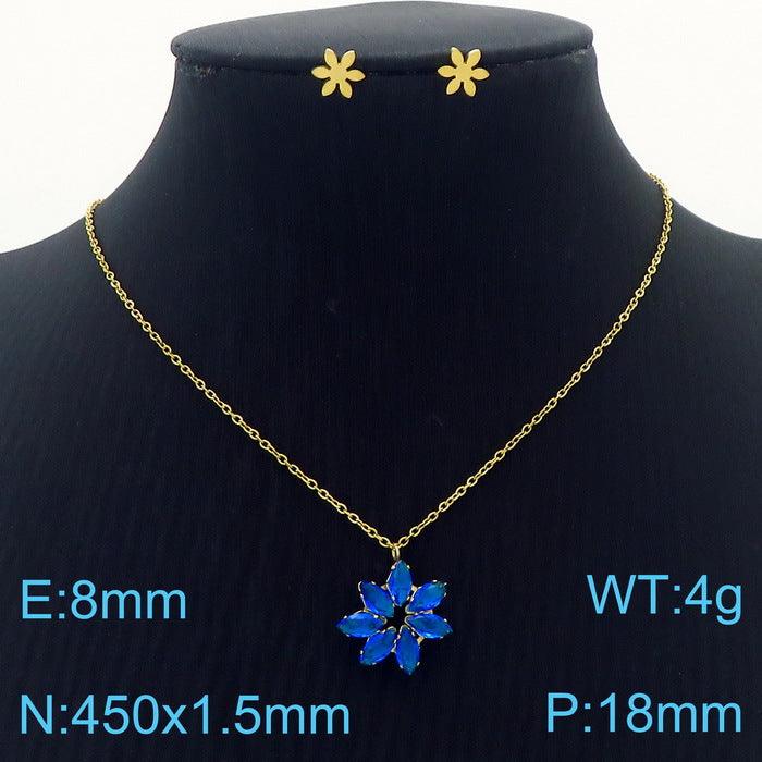 Stainless Steel Cute Flower Zircon Stub Earrings Pendant Necklace Set - kalen