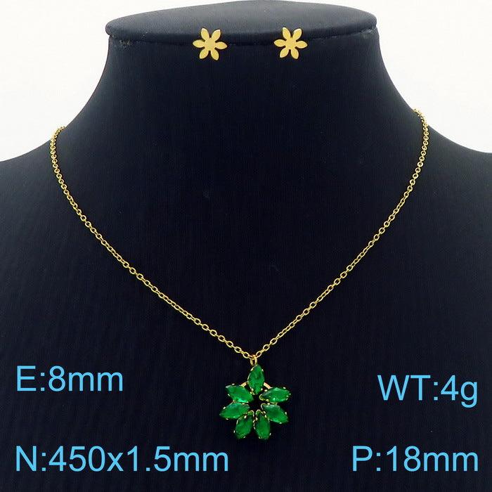 Stainless Steel Cute Flower Zircon Stub Earrings Pendant Necklace Set - kalen