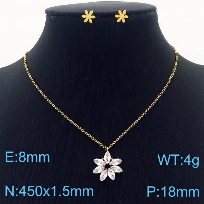 Stainless Steel Cute Flower Zircon Stub Earrings Pendant Necklace Set - kalen